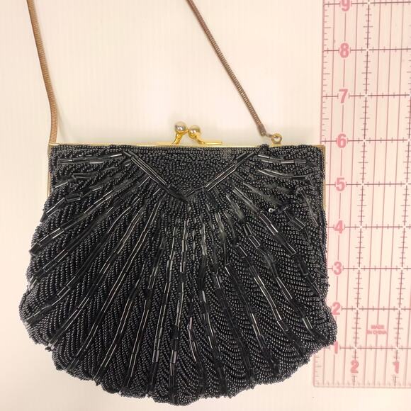 Retro Hand Beaded Evening Bag Glam Purse Clutch Black Satin Gold Coquette - Picture 12 of 14